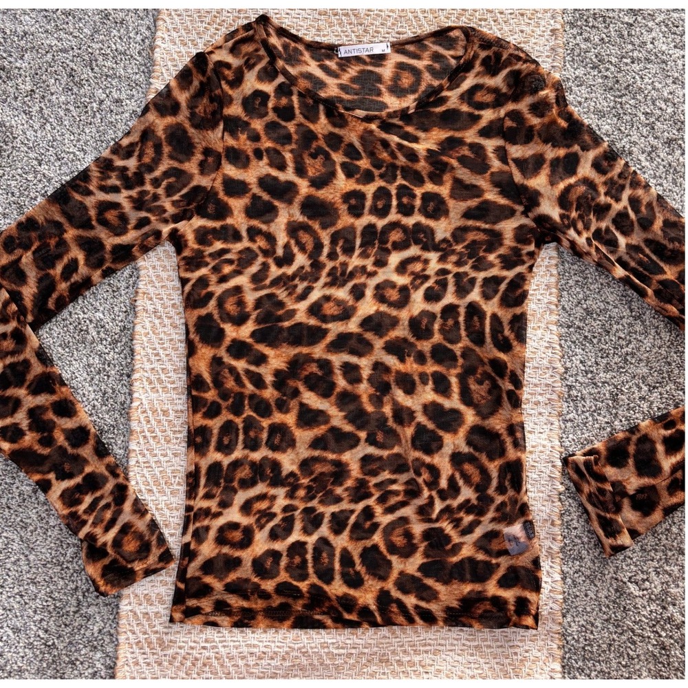 Antistar Womens Leopard Print Sheer Mesh Long Sleeve Top Brown Black Size M